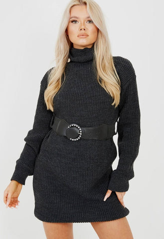 Charcoal Roll Neck Belted Knitted Jumper Dress