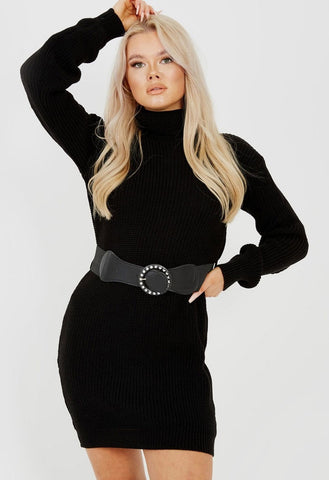 Black Roll Neck Belted Knitted Jumper Dress