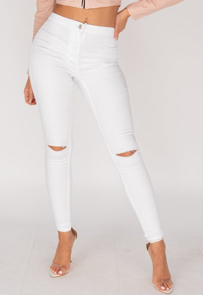 White Knee Slash High Waisted Jeggings