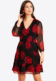 Black Red Floral Shirred Mini Dress With Tiered Skirt