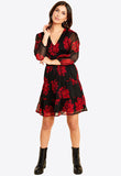 Black Red Floral Shirred Mini Dress With Tiered Skirt