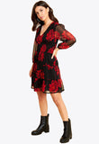 Black Red Floral Shirred Mini Dress With Tiered Skirt