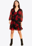 Black Red Floral Shirred Mini Dress With Tiered Skirt