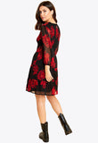 Black Red Floral Shirred Mini Dress With Tiered Skirt