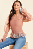 Blush Organza Shirred Frill Hem Milkmaid Top