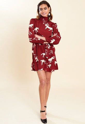 Rust Horse Print High Ruffle Neck Belted Mini Wrap Dress