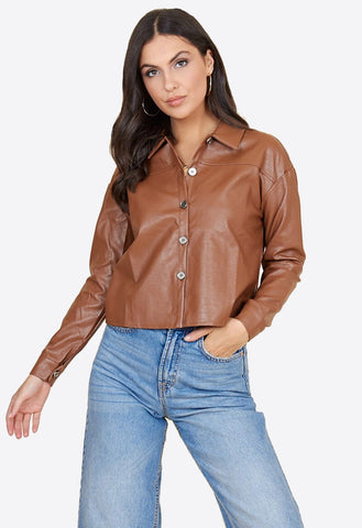 Brown PU Metal Button Boyfriend Shirt