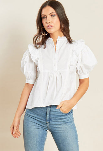 White Cotton Puff Sleeve Ruffle Detail Peplum Hem Top