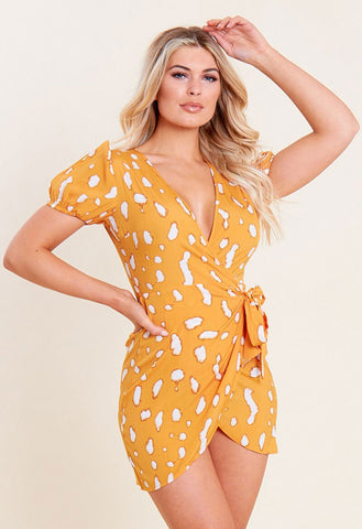 Mustard Splodge Print Puff Sleeves Mini Wrap Dress