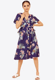 Navy Floral Button Through Tie Belt Midi Dress