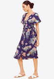 Navy Floral Button Through Tie Belt Midi Dress