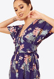 Navy Floral Button Through Tie Belt Midi Dress