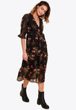 Black Floral Print Ruffle Cuff Wrap Front Tiered Midaxi Dress