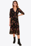 Black Floral Print Ruffle Cuff Wrap Front Tiered Midaxi Dress