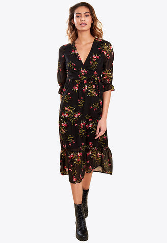 Black Floral Print Ruffle Cuff Wrap Front Tiered Midaxi Dress