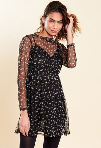 Black Floral Print Long Sleeve Mini Mesh Dress