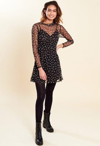 Black Floral Print Long Sleeve Mini Mesh Dress