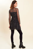 Black Floral Print Long Sleeve Mini Mesh Dress