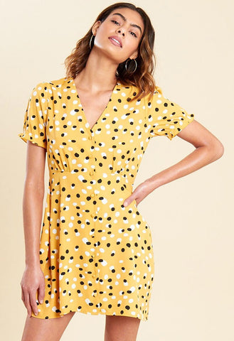 Mustard Polka Dot Button Down Mini Skater Tea Dress