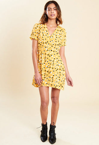 Mustard Polka Dot Button Down Mini Skater Tea Dress