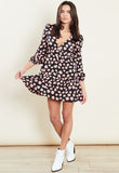 Black Pink Heart Long Sleeves Tiered Smock Mini Dress