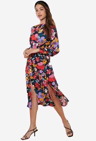 Retro Floral Shirred Waist Midi Dress