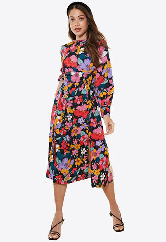 Retro Floral Shirred Waist Midi Dress