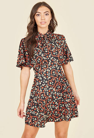 Black Ditsy Strawberry Heart Print Mini Skater Dress