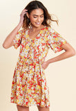 Multi Floral Print Mock Horn Button Front Mini Smock Dress