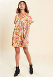 Multi Floral Print Mock Horn Button Front Mini Smock Dress