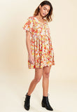 Multi Floral Print Mock Horn Button Front Mini Smock Dress