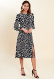 Black White Dalmatian Print Shirred Waist Split Skirt Midi Dress