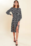 Black White Dalmatian Print Shirred Waist Split Skirt Midi Dress