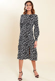 Black White Dalmatian Print Shirred Waist Split Skirt Midi Dress