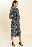 Black White Dalmatian Print Shirred Waist Split Skirt Midi Dress