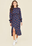 Navy Red Polka Dot Shirred Waist Balloon Sleeve Midi Dress