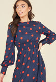 Navy Red Polka Dot Shirred Waist Balloon Sleeve Midi Dress