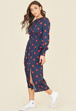 Navy Red Polka Dot Shirred Waist Balloon Sleeve Midi Dress