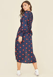 Navy Red Polka Dot Shirred Waist Balloon Sleeve Midi Dress