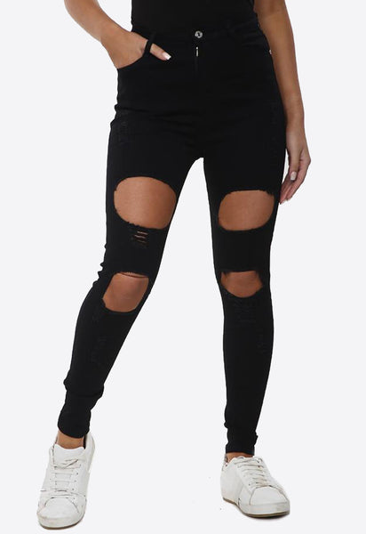 Black High Waist Distressed Skinny Ripped Jeans