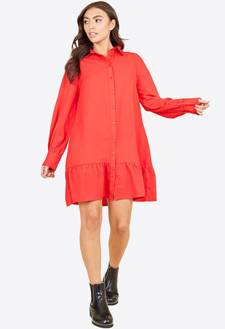 Red Ruffle Hem Long Sleeve Mini Shirt Dress