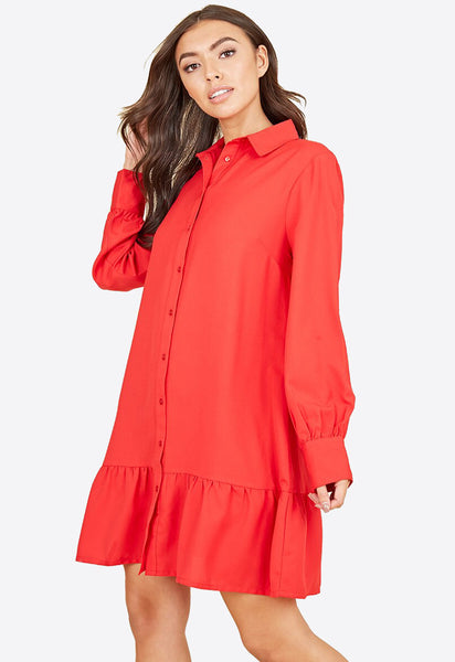 Red Ruffle Hem Long Sleeve Mini Shirt Dress