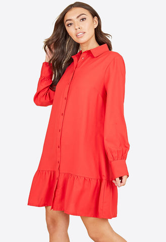 Red Ruffle Hem Long Sleeve Mini Shirt Dress