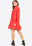 Red Ruffle Hem Long Sleeve Mini Shirt Dress