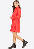 Red Ruffle Hem Long Sleeve Mini Shirt Dress