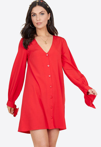 Red Tie Cuff Sleeve Button Down Trapeze Mini Dress