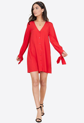 Red Tie Cuff Sleeve Button Down Trapeze Mini Dress