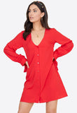 Red Tie Cuff Sleeve Button Down Trapeze Mini Dress