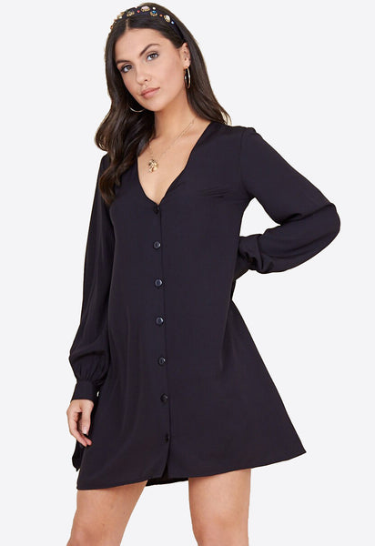 Black Tie Cuff Sleeve Button Down Trapeze Mini Dress