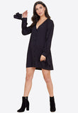 Black Tie Cuff Sleeve Button Down Trapeze Mini Dress